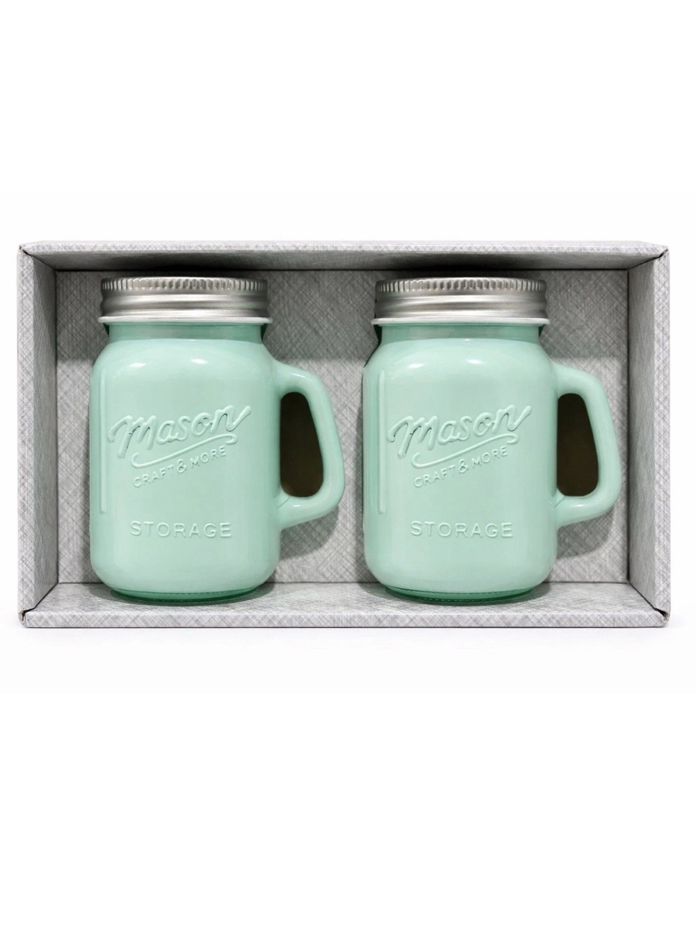Mason Jar Salt & Pepper Shakers Aqua Blue Glass Set 2 Boxed Handle Metal Lids